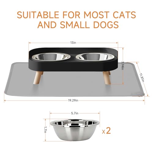 Elevated Cat Bowl with Food Mat, Raised Cat Food and Water Bowl Set for Indoor Cats, Splash Proof with 2 Stainless Steel Pet Food Bowls for Cats and Puppies,Whisker Fatigue and Dishwasher Safe (Black) - color: Cat Bowls with mat - black