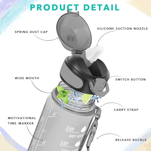 Enerbone 32 oz Water Bottle with Times to Drink and Straw, Motivational Drinking Water Bottles with Carrying Strap, Leakproof BPA & Toxic Free, Ensure You Drink Enough Water for Fitness Gym Outdoor - color: Obsidian
