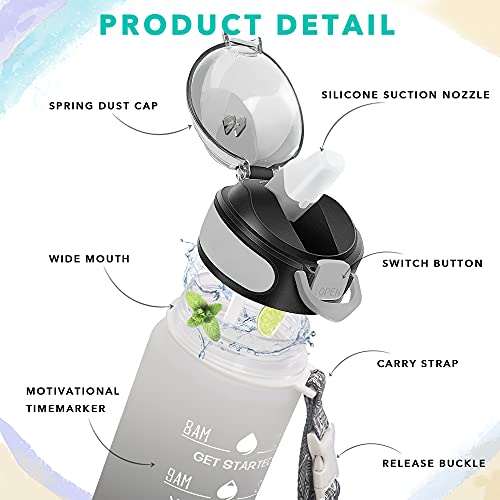 Enerbone 32 oz Drinking Water Bottle with Times to Drink and Straw, Motivational with Carrying Strap, Leakproof BPA & Toxic Free, Ensure You Drink Enough Water for Fitness Gym Outdoor - color: Gray-Black