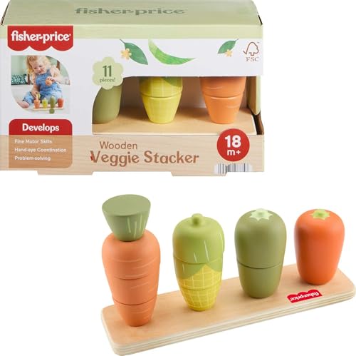 Fisher-Price Wood Toddler Toy Veggie Stacker, Tiny Garden Wooden Sorting & Stacking Activity for Preschool Kids Ages 18+ Months - style: Veggies
