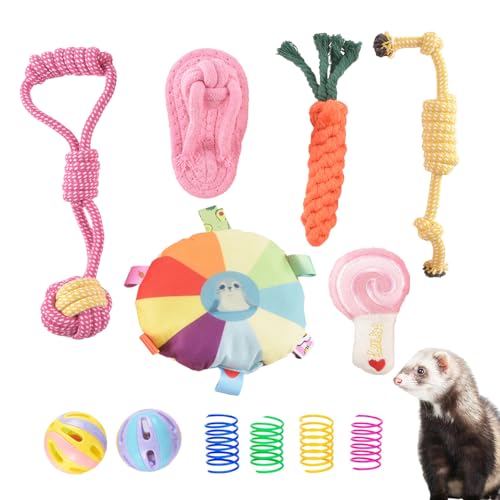 Ferret Toys Set Chew Rope Squeaky Exercise Toy Ferrets Rat Small Animals | 13 Pack Colorful Chew Teething Rope Squeaky Interactive Sound Chewing Balls Exercise Scratch Toys