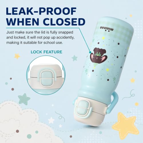 Mininoo 18oz Insulated Stainless Steel Kids Water Bottle for School, Bunny | 2-in-1 Straw & Spout Lid, Leak-Proof, BPA-Free, for Girls & Boys, Blue - color: 18oz Light Blue-Bunny