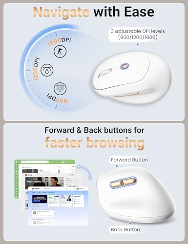 Ergonomic Vertical Wireless Mouse, 57°, Small/Medium Hands, White | Rechargeable, Quiet Click, 800/1200/1600 DPI, 2.4GHz USB Receiver, Forward/Back Buttons, Computer Mouse for Laptop PC Mac - color: White