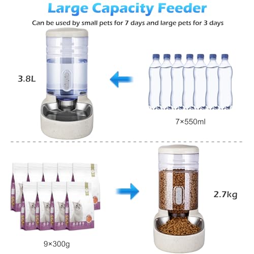 Automatic Cat Feeder and Water Dispenser with Stainless Steel Bowl Gravity Food Feeder and Waterer Set for Small Medium Dog Puppy Kitten 1 Gallon x 2(Beige) - color: Stainless Steel-Beige
