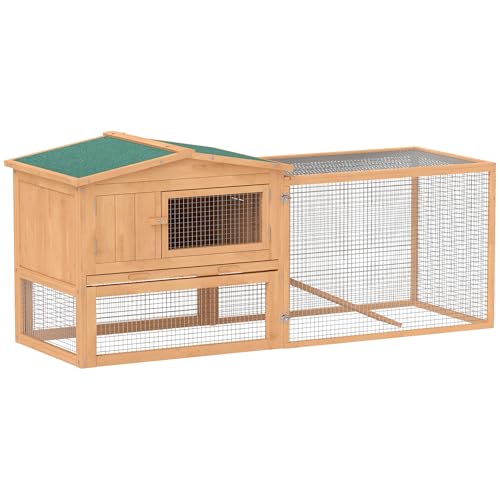 PawHut Rabbit Hutch 2-Story Bunny Cage, Guinea Pig Cage, Small Animal House with Slide Out Tray, for Indoor Outdoor, 61.5" x 23" x 27", Natural | Bunny Cage, Guinea Pig Cage, Small Animal House, Slide Out Tray, for Rabbits Chickens Ducks - color: Orange