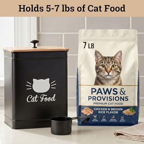 Cat Food Container with Scoop 5-7 lb (25 Cup), with Airtight Bamboo Lid | Cat Kibble Canister with Metal Scoop, 25 Cups, Chew Proof Iron Body, Powder Coated, Airtight Bamboo Lid, Sturdy Metal Handle - color: Black
