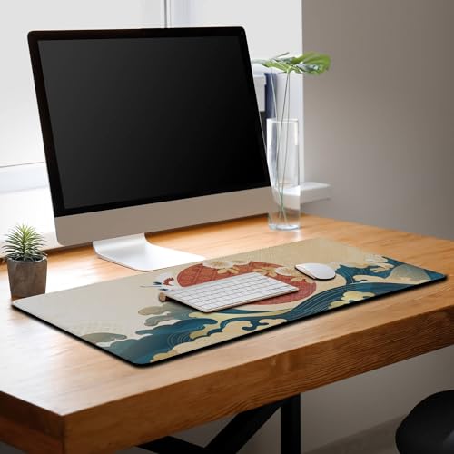 Gaming Mouse Pad Japanese Great Wave Blue Desk Pad, Big Mouse Pads Office Desk Pads, Mouse Mat Non-Slip Rubber Base Waterproof with Stitched Edges, 35.4 X 15.7 inch Oriental Pattern - color: Oriental Pattern