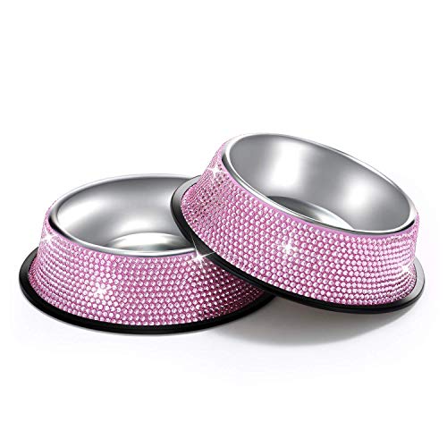SAVORI Bling Dog Bowls Pink, 640ML Handmade Bling Rhinestones Stainless Steel Pet Bowls Double Food Water Feeder for Puppy Cats Dogs - Set of 2 - color: 640ml-Pink2