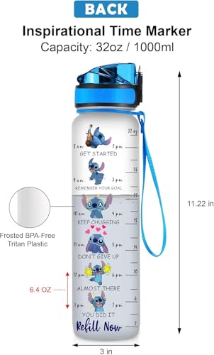 BAIG Blue Alien 32 Oz Water Track Bottle, Stop Slacking Drink Your Water Water Bottle With Time Marker, Alien Motivational Insulated Water Bottle, Gifts For Cute Alien Lovers