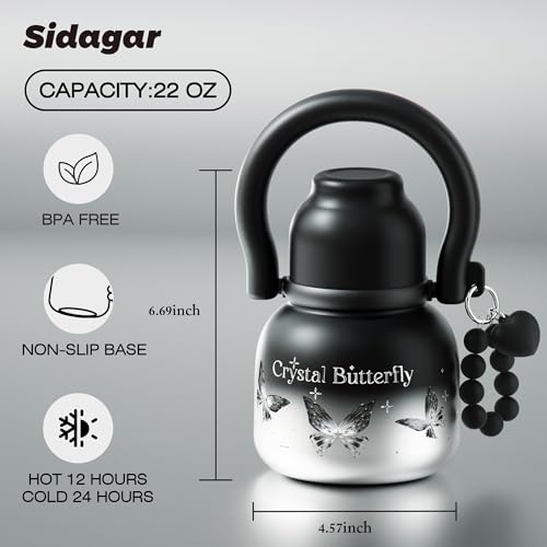 22 oz Leakproof Insulated Water Bottle with Handle Dual Lid Silver | 316L Stainless Steel | Dual Drinking Options | BPA-Free | Steel | Cold 24H & Hot 12H | Wide Mouth Design | Easy Cleaning - color: Crystal Butterfly Silver