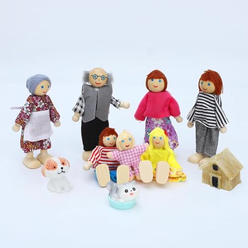 ONEST 18 Pieces Wooden Dollhouse Family Set Mini People Figures Dog Cat Sets Dollhouses Dolls Wooden Doll Family Pretend Play Figures Accessories for Pretend Dollhouse Toy - style: F Set