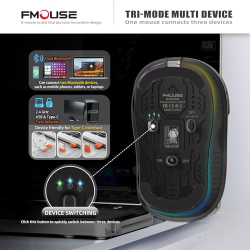 FMOUSE Transparent Wireless Mouse, Tri-Mode Bluetooth & 2.4GHz, Black | USB-A & USB-C Receiver | Rechargeable | 3 Devices for MacBook Laptop iPad PC | Silent Clicks | Portable | RGB | 4-Level DPI - color: Black
