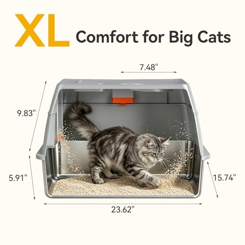 XL Enclosed Stainless Steel Litter Box with Lid, Light Gray | covered, High Sided, Rustproof & Leak Proof, Easy Clean, Odor Control, Includes Scoop & Step - color: Light Gray