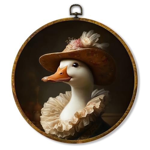 shiviody Vintage Rustic Floral Duck Canvas Wall Art Decor, Dark Moody Farmhouse Cottagecore Elegant Duck Round Hanging Frame Prints Decorations for Home Bedroom Living Room 10"x10" - color: Animals-20