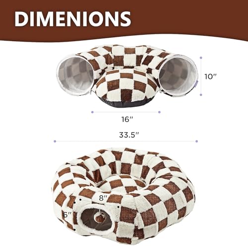 Cat Tunnel Bed with Washable Cushion for Indoor Cat, Donut Cave Tube Toys for Kitten Puppy Rabbit, Brown - color: Brown