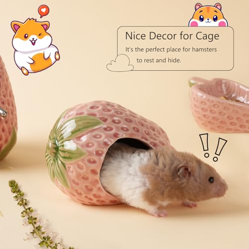 Ceramic Hamster Hideout,Pink Strawberry Hamster Cool Habitat Decor. | 5.12in Length Easy-Clean Smooth-Surface Durable-Ceramic Hideout for Hamster,Guinea Pig,Syrian,Gerbil & Small Pet All Season. - color: Strawberry - Pink