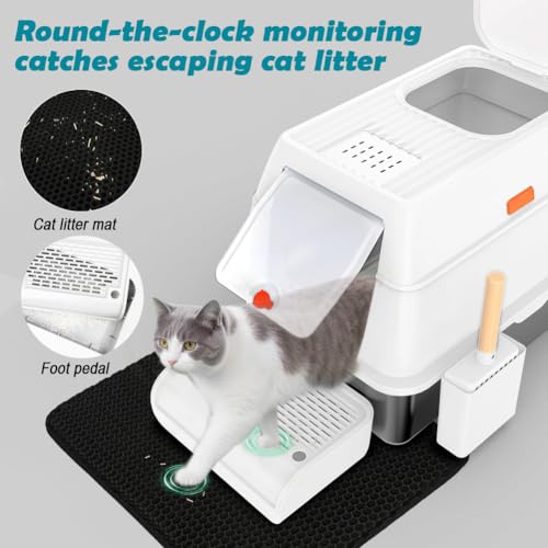SZEE XL Stainless Steel Litter Box with Lid, Extra Large Metal Covered Litter Box, Stainless Box Easy Clean, Activated Charcoal Odor Control Design, Includes Litter Scoop & Mat & Step, White - color: White