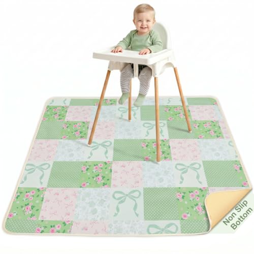 Basumee Splat Mat for Under High Chair, Waterproof & Mess-Proof Floor Mat | 46"×42" Baby Splash Mat, Non Slip Bottom, 4-Layer Fabric, Food & Liquid Catcher, Machine Wash for Boy Girl, Meals, BLW, Craft - color: Green Pink Gingham, size: 46x42 Inches