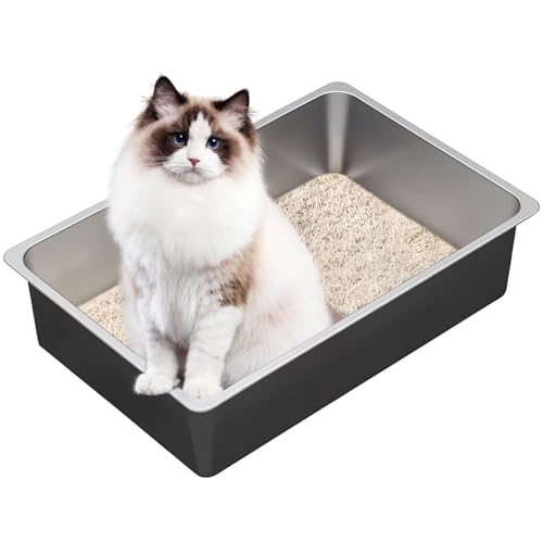 Ohtomber Large High Sided Stainless Steel Cat Litter Box | Non-Stick, Odor Free, Easy to Clean Metal Pan, For Indoor Big & Small Cats & Kittens - size: 23.4"L x 15.6"W x 6"H
