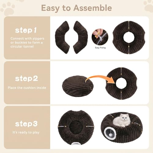 Dogpals Cat Tunnel Bed Cave 33" Lx10 Wx10 H for Indoor Cats (Coffee) | Washable Cozy Cushion, Soft Striped Plush Fabric, Hideaway Peekaboo Cave for Kittens, Puppies, Rabbits & Small Pets - color: Coffee