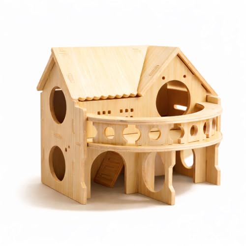 Improved Safety Large Balcony Small & Cute Wooden Hamster House with Large Balcony – Double-Decker Forest-Style Hut for Dwarf Hamsters, Mice, Gerbils, Rats & Small Pets (Compact Size Only)