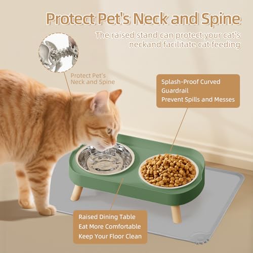 Elevated Cat Bowl with Food Mat, Raised Cat Food and Water Bowl Set for Indoor Cats, Splash Proof with 2 Stainless Steel Pet Food Bowls for Cats and Puppies,Whisker Fatigue and Dishwasher Safe (Green) - color: Cat Bowls with mat - green