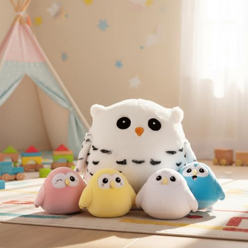 Hollowfly 5 Pcs Snowy Owls Plush Toy Gift Set 9.5" Mommy Owls with 4 Cute Pastel Babies Stuffed Animal in Zippered Butt Nurturing Plushies Toy Set for Kid Adults Birthday Party Favors Gifts - style: Colorful Owls