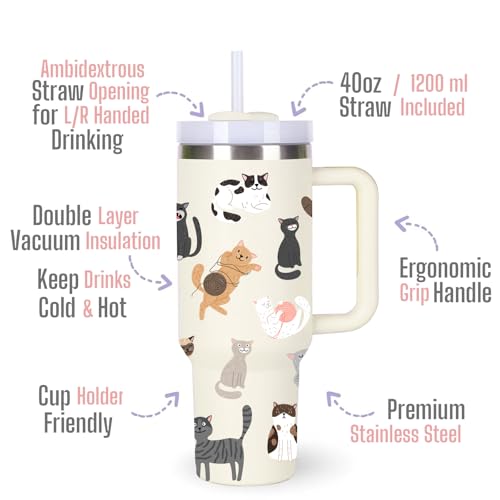 momocici 40oz Cats Tumbler with Handle Gifts for Women.Cat Lover Cups Tumbler Gifts for Women.40 oz Birthday Christmas Cat Cup Tumblers for Cats Lover. - style: Cat