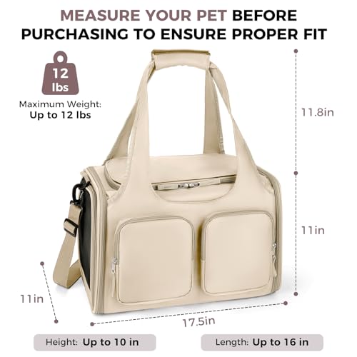 Dog, Cat Carrier for Pets Up to 12 Lbs, Airline Approved Collapsible Soft-Sided Pet Travel Bag with Locking Zippers, Breathable Mesh and 4 Large Pockets, Removable Fleece Pad (Beige) - color: Beige