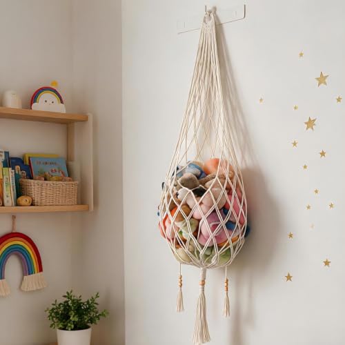 Stuffed Animal Hammock with Hooks, 5 FT Boho Macrame Hanging Toy Storage Net, Cotton Plush Toy Organizer for Wall or Door, Nursery, Kids Playroom, Includes Wall & Adhesive Hook & Star Stickers, Cream