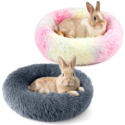 2 Pack Rabbit Bed, Fluffy Donut Shaped Bunny Hideout Comfort Sleeping Mat | Washable Comfort Hideaway Nest Bed for Guinea Pig, Kitten, Chihuahua, Small Pet - color: Dark Gray + Rainbow