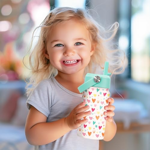 SANDJEST Kids Water Bottle with Straw Lid - Insulated 12 Oz Stainless Steel Water Bottles for Girls - Heart Water Bottle Travel Cup for School Sports - color: Heart