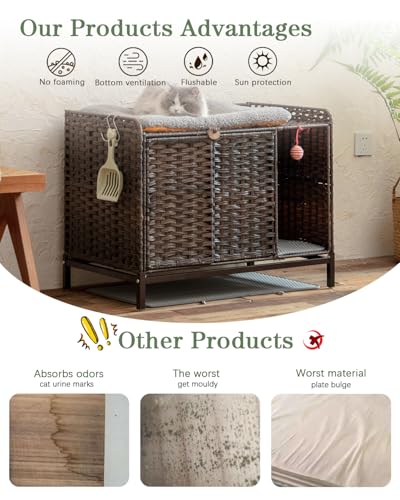 SETVSON Cat Litter Box Enclosure Furniture with Divider, Cat Cabinet, Brown | Handwoven PE Rattan with Soft Litter Mat, 3.54-In Heightened Metal Feet, Spacious & Comfortable, 31.2 x 19.6 x 24.2 In - color: Brown