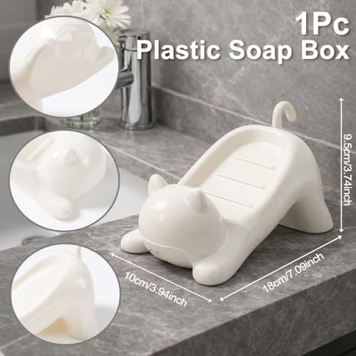 Cat Shape Soap Dish, Plastic Cute White Cat Soap Dish with Drainage Holes, Non-Slip Animal Sponge Holder Bathroom Storage Container for Bathroom, Sink, Tub Sink, Shower, Kitchen Counter