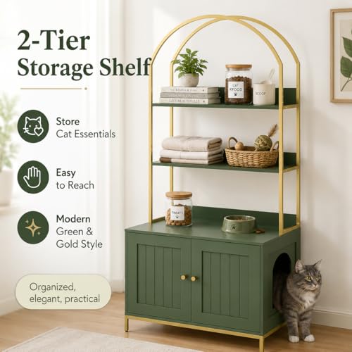 Homhedy Cat Litter Box Enclosure with 2-Tier Shelves, Green and Gold | Litter Box Furniture Hidden, Indoor Cat House, Wooden Cat Washroom Furniture with Metal Frame, Modern Style - color: Green and Gold