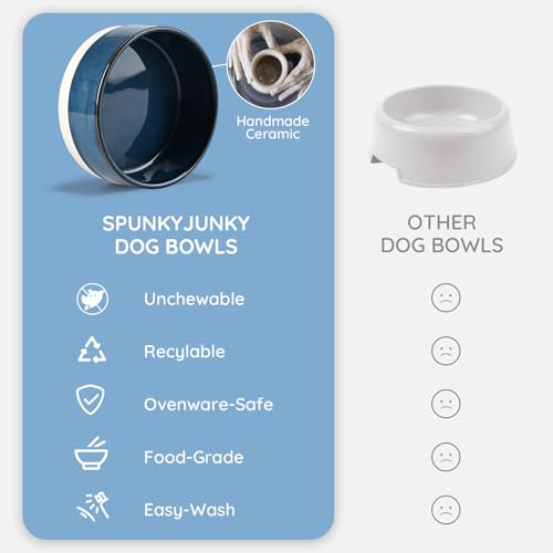 SPUNKYJUNKY Ceramic Dog and Cat Bowl Set with Wooden Stand, Modern Cute Weighted Food Water Bowl Set for Small Size Dogs (1.7 Cups, 2 × Pattern Blue) - color: Pattern Blue × 2, size: 1.7 cups