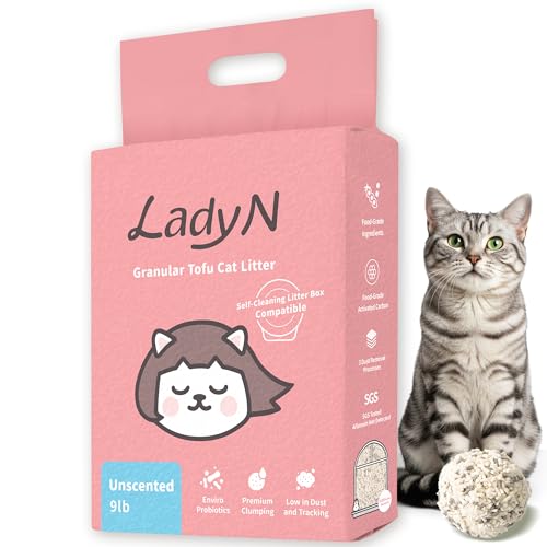 Lady N Tofu Cat Litter, Low Dust Compatible with Auto-Box Unscented 9lb | Mini-Pellet Shape, Strong Clumping, Ultra Absorbent, Activated Charcoal Odor Control - size: 9lb x 1bag