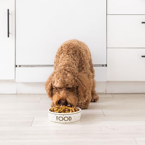 Pearhead Ceramic Dog Bowl, Small/Medium 2.25 Cups/ 18 oz, Bistro Tile | Honeycomb with Gold Accents Stoneware Pet Food & Water Bowl for Small Dogs, Weighted Non-Plastic Feeding Dish - color: Bistro Tile Bowl, size: Small