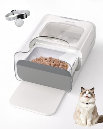 RFID Automatic Cat Feeder with Collar Sensor, Anti-Stealing Food Dispenser with Sealed Lid for Wet Dry Food and Different Diet for Multi-Pet Home, Auto Pet Feeder for Cats & Small Dogs, White