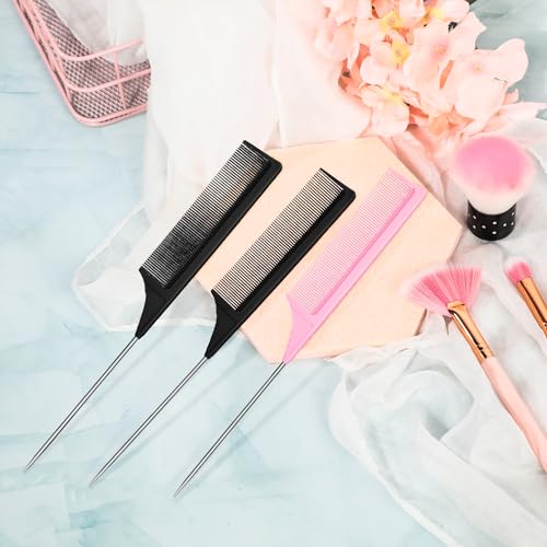 Leinuosen 3 Pack Rat Tail Comb Carbon Fiber,Pink, Black | Steel Pin Tail for Sectioning, Heat Resistant Teasing, Pick Comb for Women Wig Styling, Fishtail Design for Salon Updos - color: Pink, Black