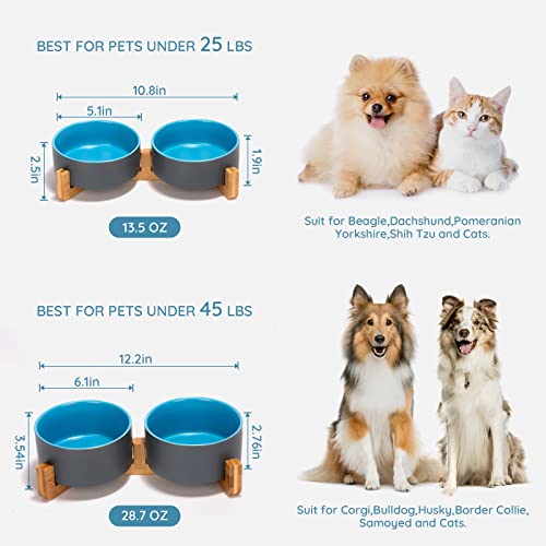 SPUNKYJUNKY Ceramic Dog and Cat Bowl Set with Wooden Stand, Modern Cute Weighted Food Water Set for Small Size Dogs (13.5OZ) & Medium Sized Dogs (28.7OZ) & Cats (3.6 Cups, 2 × Blue-Grey) - color: Blue-Grey × 2, size: 3.6 cups