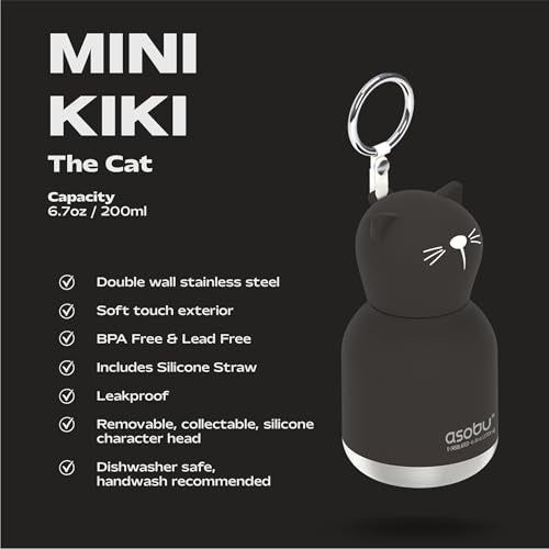 asobu Mini Bestie Water Bottle, Cute Collectible Character, Stainless Steel | 6.7 oz, Leak Proof Seal, Spill Resistant, BPA Free Materials, Dishwasher Safe, Reusable Straw Included, Great Gift Idea - color: MINI KIKI THE CAT