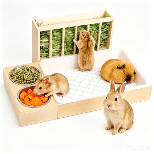 3-in-1 Wooden Rabbit Hay Feeder with Litter Box for Rabbits & Small Pets | Sturdy Wooden Hay Feeder Set for Guinea Pigs, Chinchillas, Hamsters, Ferret and Other Small Animal