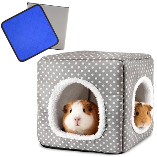 Guinea Pig Hideout with 2 Removable Mat, Two Entrances, Dwarf Rabbit Bed, Washable Bunny House, Small Pet Accessories Gray Dot - color: Grey