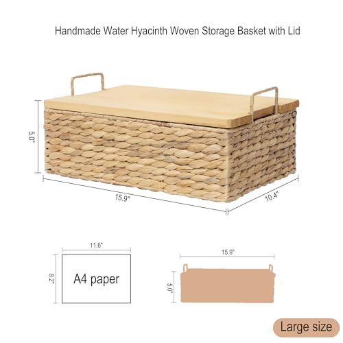 Handmade Water Hyacinth Woven Storage Basket with Lid, Multi - Functional Wicker Organizing Baskets (Large) - size: Large (Single)