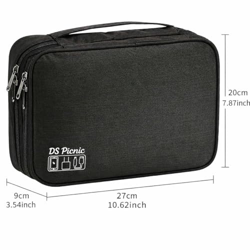 Electronic Organizer Travel Essentials Case, Waterproof Double Layer Cable Storage Pouch Bag for Charger, USB Cords, Power Bank, Phone Mouse SD Card Earphone Camera, Tablet (Up to 11 inch)