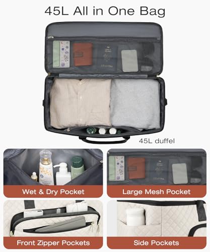 Travel Duffle Bag, Wide Open Large Weekender Bag for Women with Shoe Compartment, Carry on Overnight Bags with Toiletry Bag, Hospital Bag for Women Labor Delivery with Wet Pocket (Beige Black) - color: Beige-Black, size: 45L
