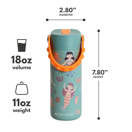 Elemental 100% Leak Proof When Spout is Closed Insulated Kids Water Bottle, Stainless Steel Bottle for School with Straw Lid & Pop-It Handle, Meowmaid & Mermaid Sisters -18oz (2 Pack) - color: Meowmaid & Mermaid Sisters
