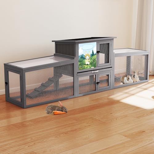 COZIWOW Outdoor Deluxe Rabbit Hutch Health Bundle: 95-Inch Large Cage & Smart Air Purifier for Rabbits, Chickens, and Small Animals - color: Gray White