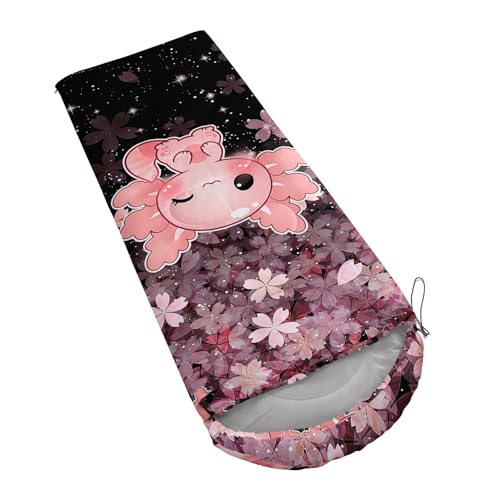 QOOMO Axolotl Cute Camping Sleeping Bags,3 Season Warm & Cool Weather,Lightweight,Waterproof Sleeping Bags for Adults & Kids,Traveling,and Outdoors - color: Axolotl Cherry Blossom